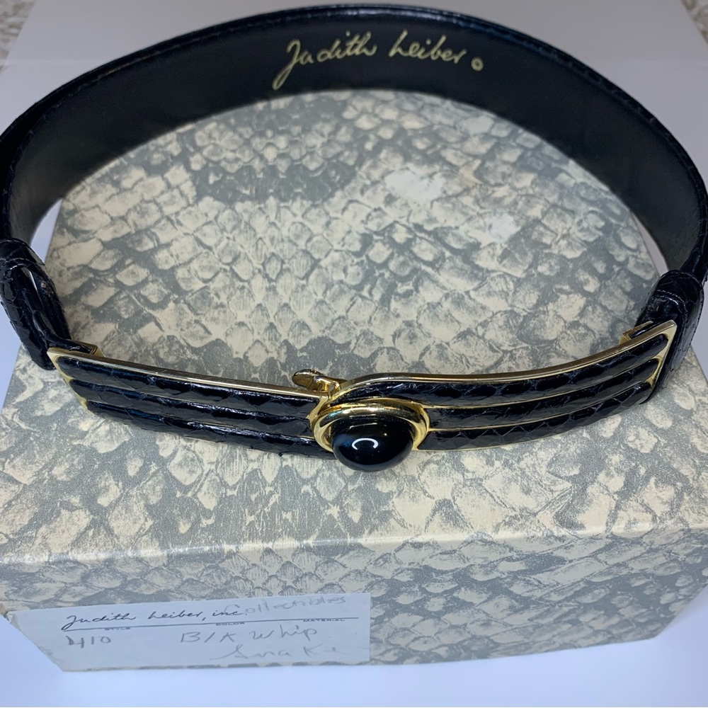 Judith Leiber Adjustable Black Snakeskin Belt with Gold Hardware
